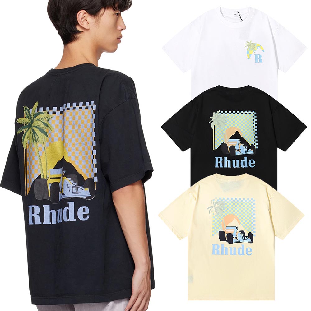 Rhude T-shirts Coconut Racing Printed Cotton Casual Short Sleeves Men and Women